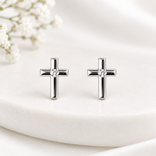 Load image into Gallery viewer, Simple Silver CZ Cross Earrings